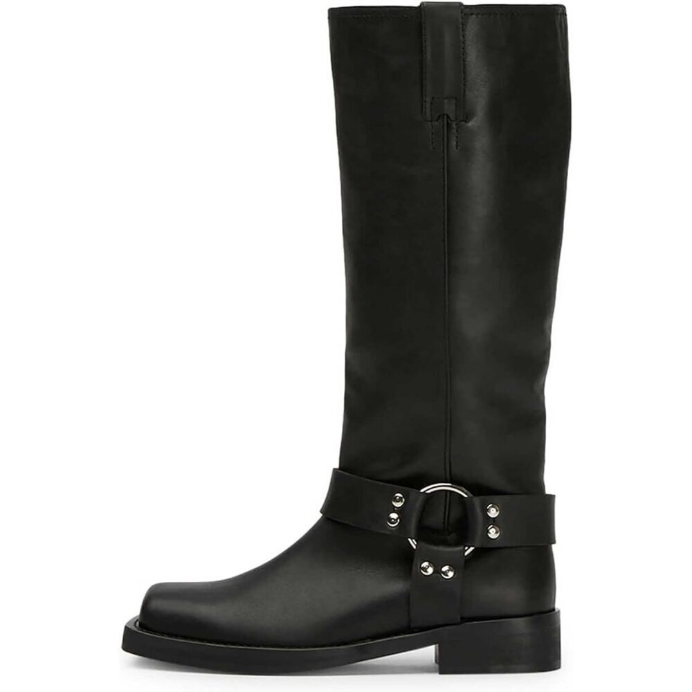 Women's Black Knee High Boots Slip On Riding Boots With Buckle Sexy Squared Toe
